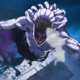 The curse version of Rika jumps into the air.